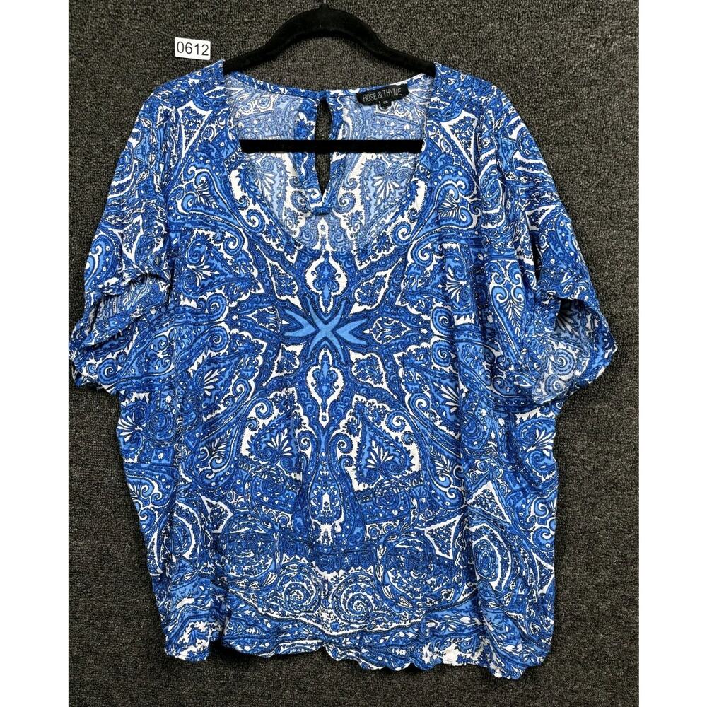 Rose & Thyme Blouse Womens Size 2X Blue White Paisley Top Cap Sleeves